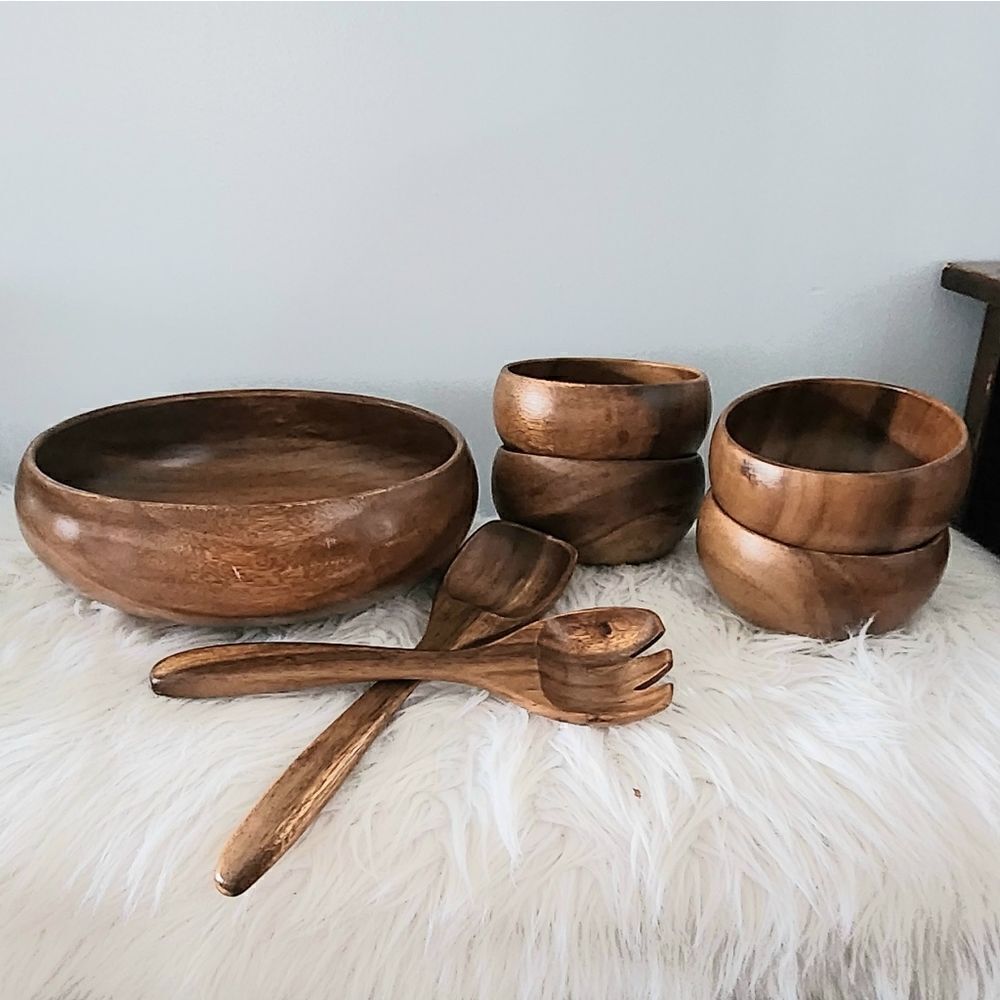 Wooden salad server handcrafted set made in the Philippines wooden vintage